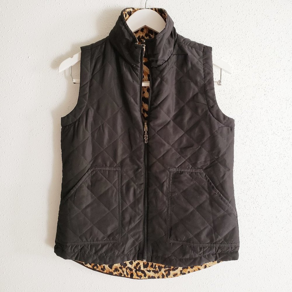 Women Small Black Leopard Quilted Reversible Vest